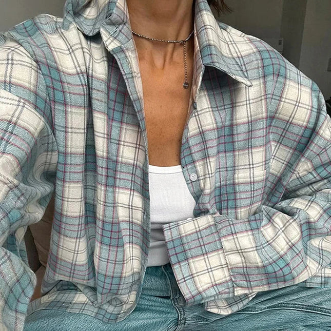 Vintage Rutete Skjorte for Dame – Oversized Bluse i Blåtoner | Langermet Høst- og Vinterskjorte 2024