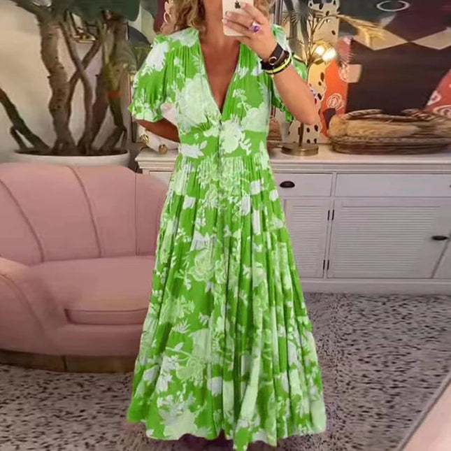 Bohemsk Sommerkjole med V-hals – Lang Kjole med Knapper, Lommer og Kort Erm