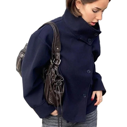 Mørkeblå Ulljakke for Dame – Kort, Elegant og Løs Passform med Ståkrage | Perfekt til Høst og Kontorstil 2025