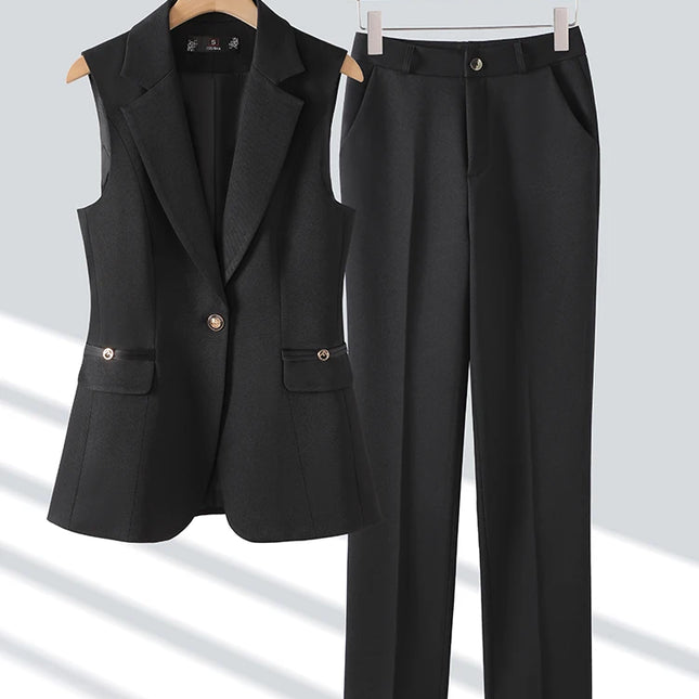 Damebuksedress i 2 Deler – Formell Vest og Bukse til Kontor og Business (Khaki, Rosa, Svart)