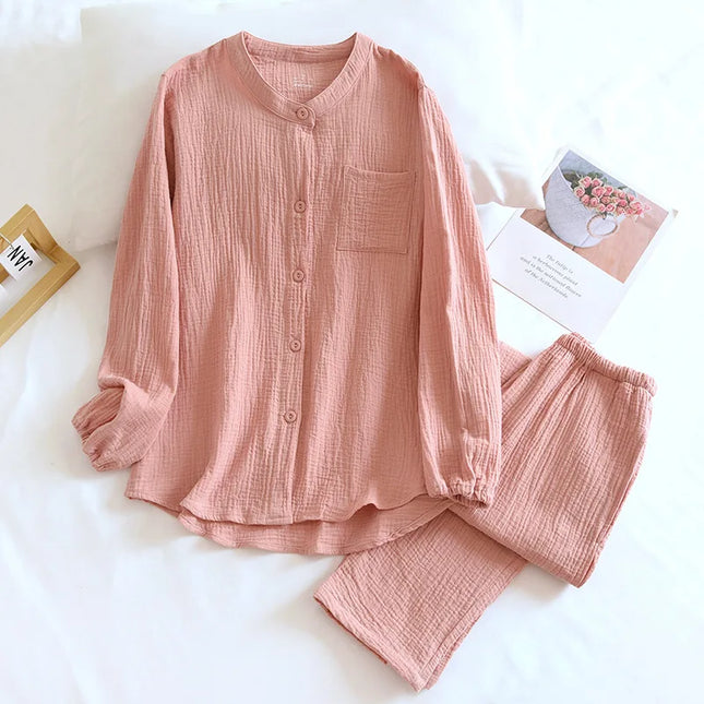 Unisex Pysjamasett i Bomull (Yarn Crepe) – 2-delt Sett med Langermet Rundhalset Topp + Bukse | Ensfarget Hjemmesett