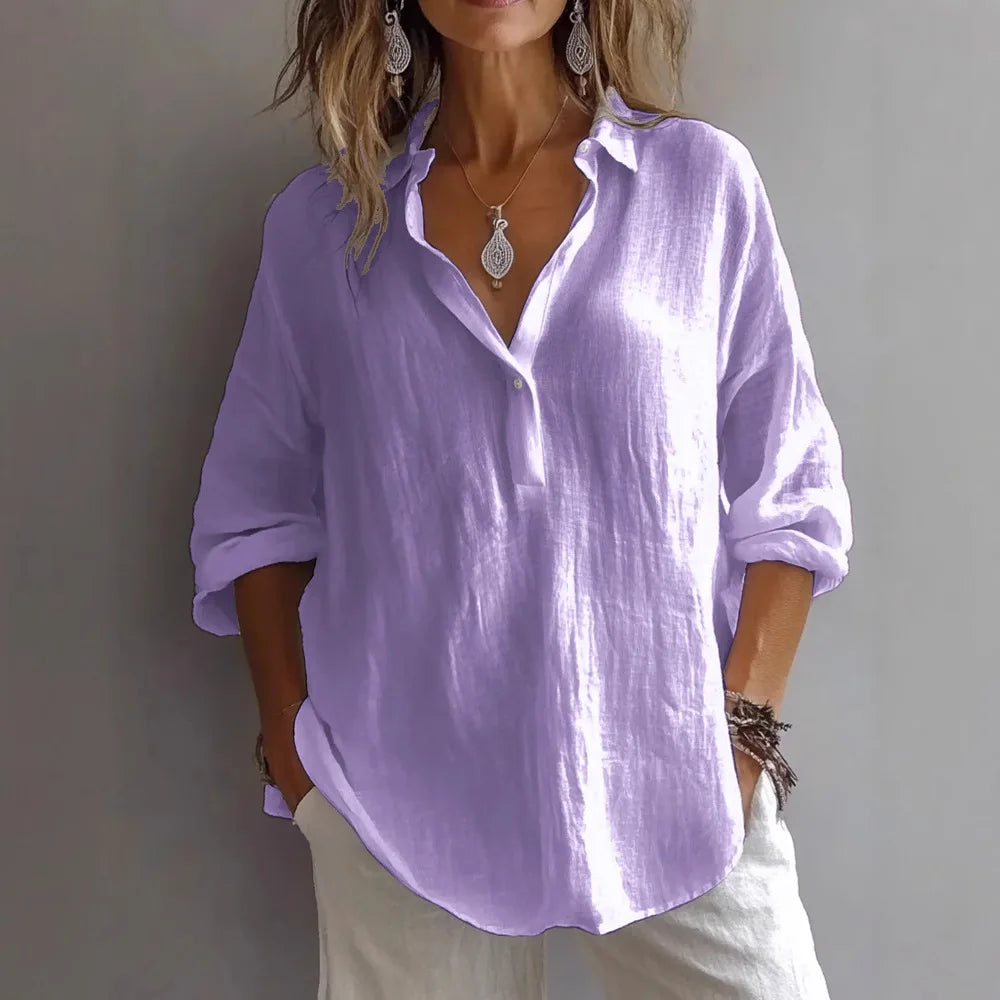 Vår/Sommer Oversized Skjorte – V-hals, Casual og Elegant til Hverdag og Kontor