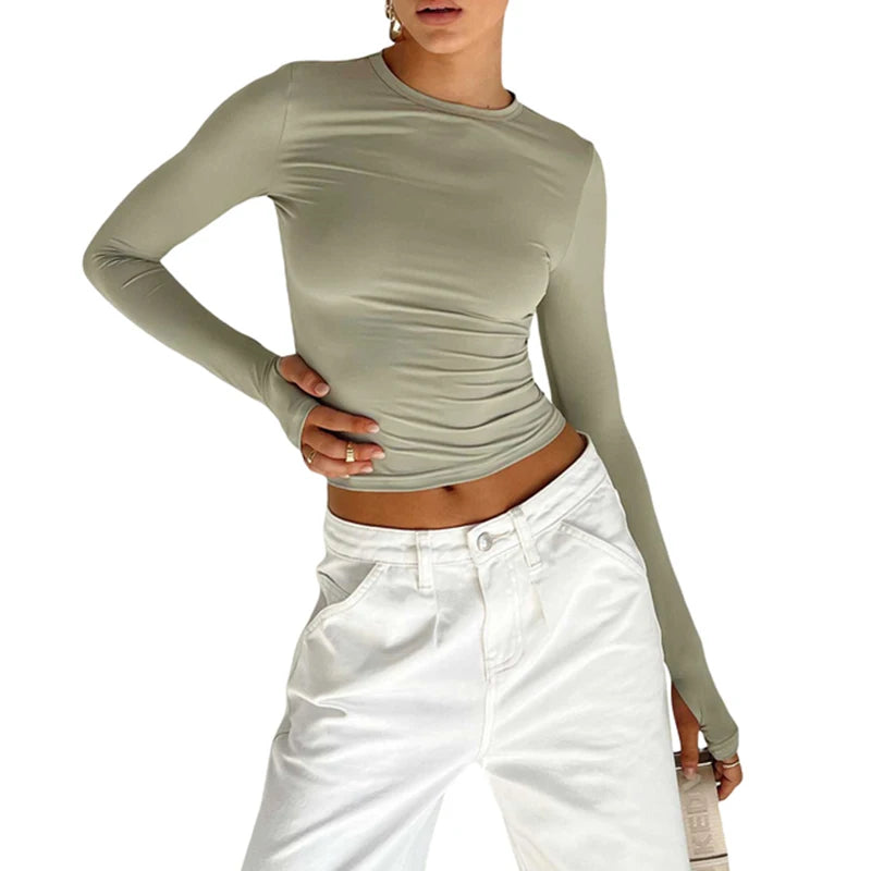 Langermet Crop Top med Tommelhull – Slim Fit Streetwear