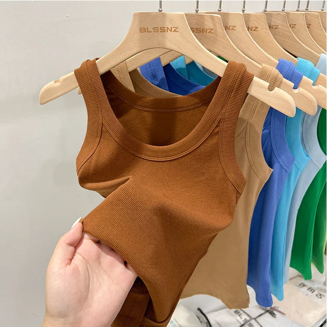 Ribbestrikket Rundhalset Topp – Basic Sommer Singlet for Dame