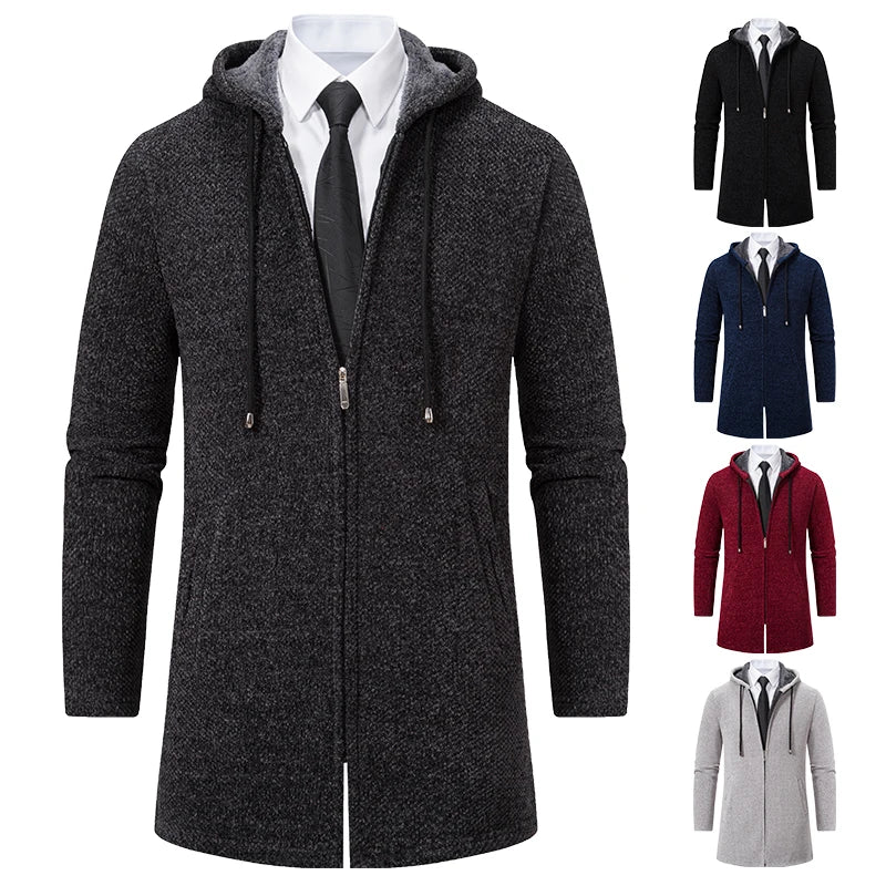 Herre Lang Cardigan med Hette – Varm Vinterjakke i Fleece & Strikk | Koreansk Designerstil