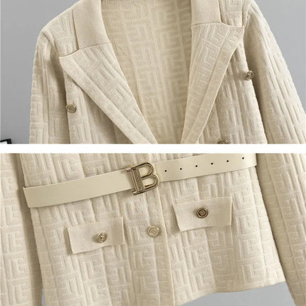 Chic Strikket 2-delt Sett til Dame – Cardigan med Belte & Høytliv Skjørt