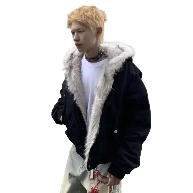 Unisex Vinterjakke med Fuskepels – Retro Hettejakke i Myk Bomull | Varm, Løs & Trendy Jakke for Par og Streetwear-entusiaster