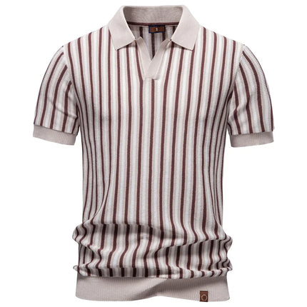 Strikket Polo for Herre med Striper – Kortermet V-hals Business Casual