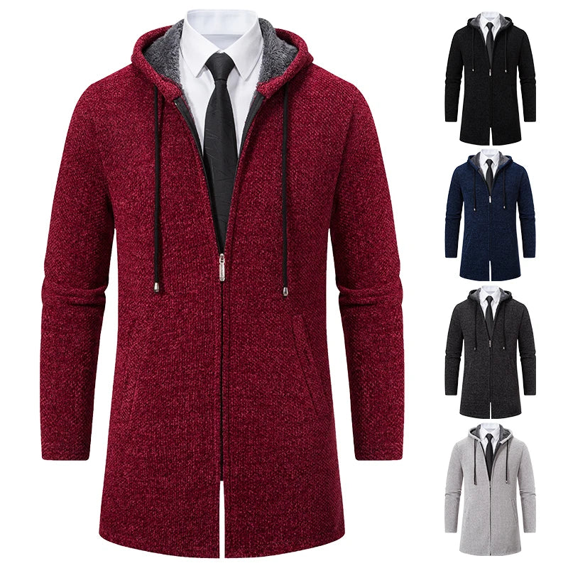 Herre Lang Cardigan med Hette – Varm Vinterjakke i Fleece & Strikk | Koreansk Designerstil