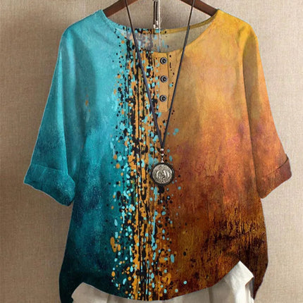 Etnisk Vintage-Print Bluse – Løs Passform, O-hals og Halvlange Ermer