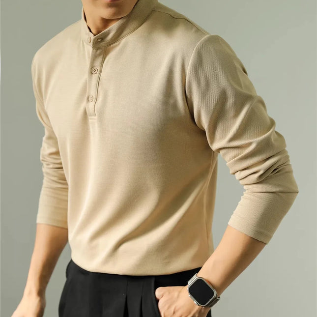 Herre Polo Skjorte med Ståkrage – Ensfarget Langermet Henley T-skjorte | Elegant Business Casual Stil (M–4XL)