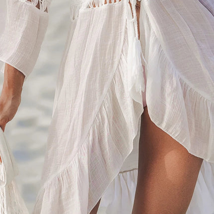 Sommerlig Heklet Boho Strandkimono – Åpen Blonde Cover-Up med Dusker