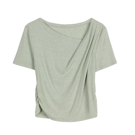 Grønn Asymmetrisk Topp til Dame – Elegant Sommer T-skjorte med Skew Collar