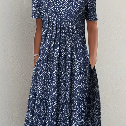 Elegant Sommerkjole med Vidt Skjørt – Rund Hals og Kort Erm med Blomsterprint (2024 Nyhet)