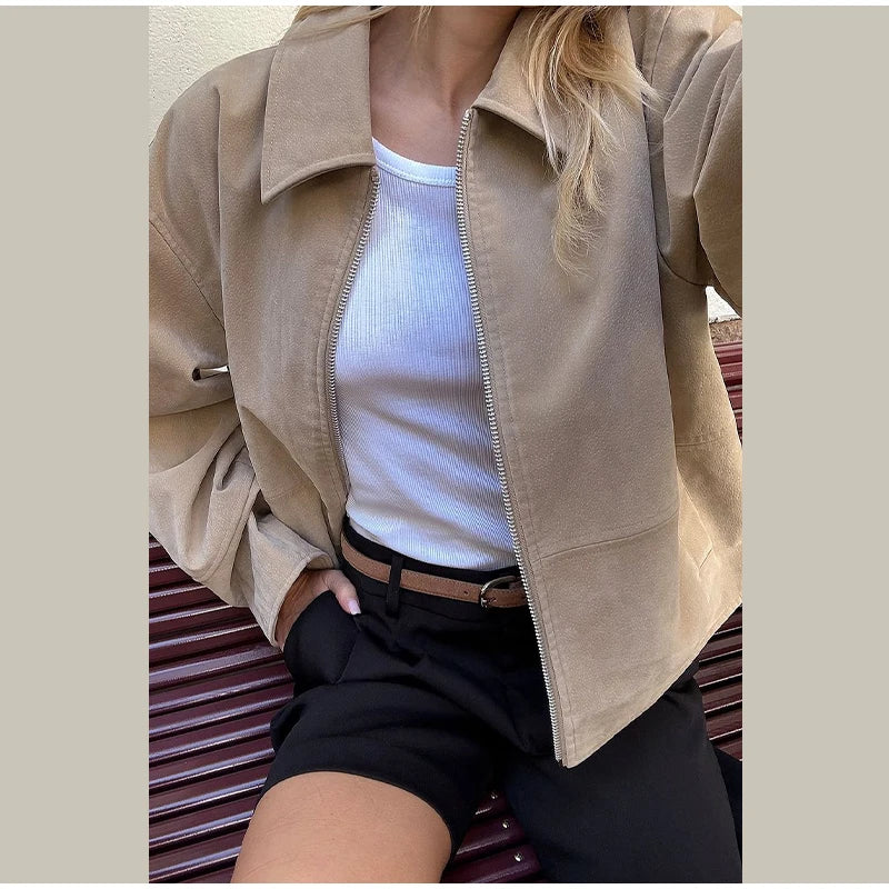 Dame Bomberjakke – Vintage Semsket Patchwork med Glidelås & Lommer