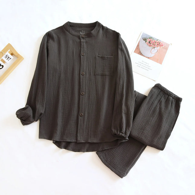 Unisex Pysjamasett i Bomull (Yarn Crepe) – 2-delt Sett med Langermet Rundhalset Topp + Bukse | Ensfarget Hjemmesett