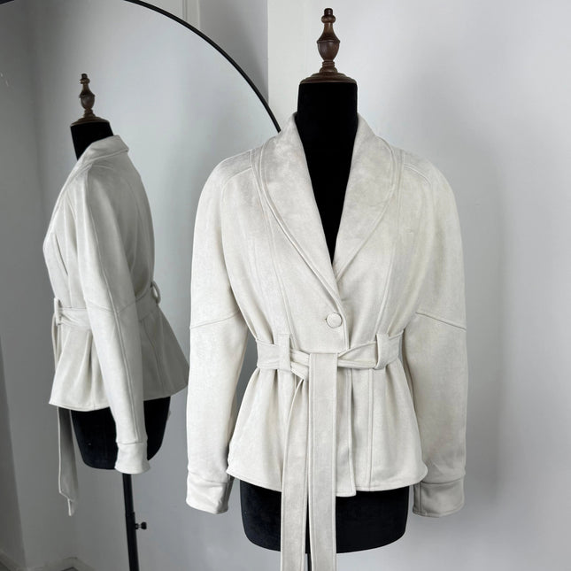 Retro Semsket Jakke for Dame – V-utringet Snørejakke i Semsket Look | Elegant Kontor- og Hverdagsjakke til Høst & Vinter 2025