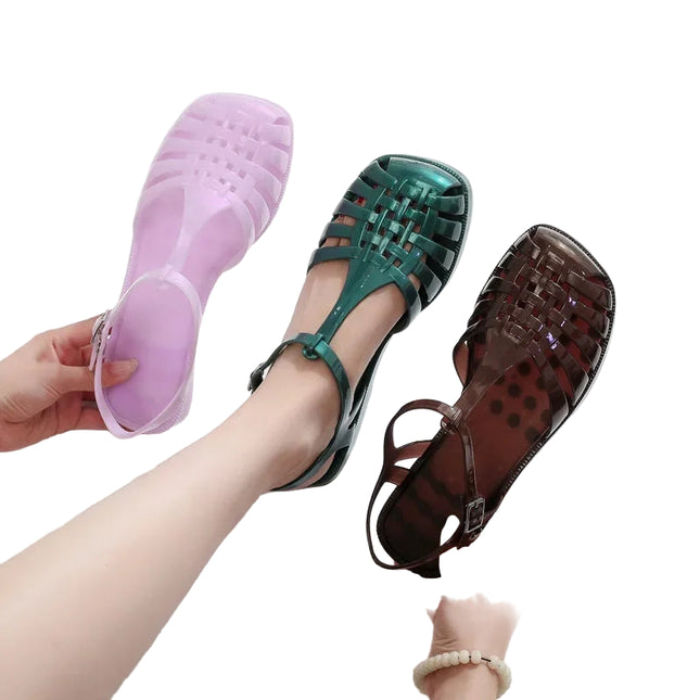 Dame Sandaler til Sommeren – Retro Flate Sandaler med Hul Mønster og Firkantet Tå