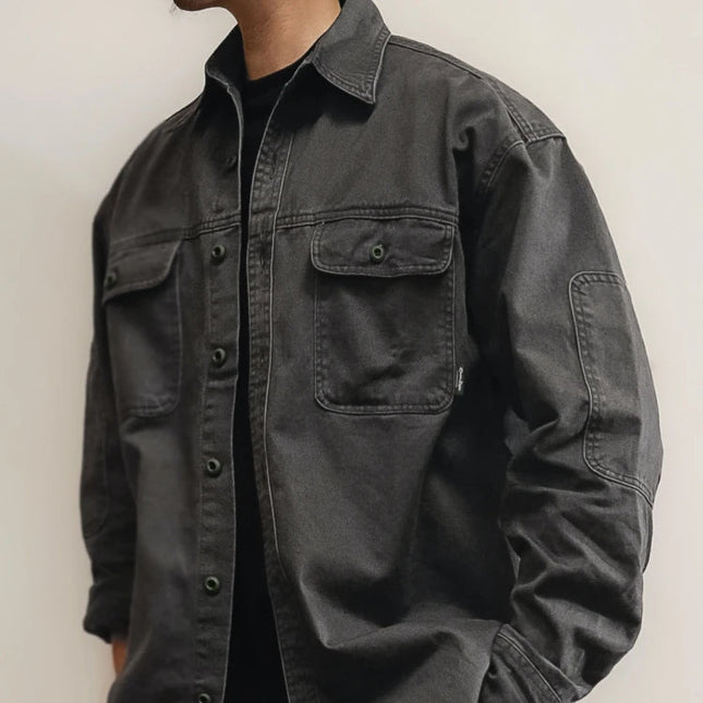 Japansk Vintage Arbeidsskjorte for Menn – Tung Bomull i Vasket Twill | Oversized Skjorte i Høy Kvalitet med Slitt Look