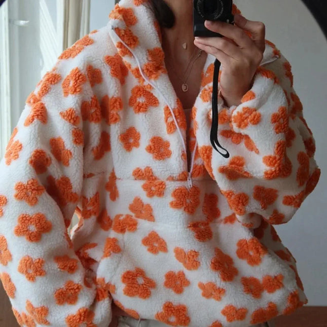 Blomstrete Fuskepels Hettejakke for Dame – Myk, Løs & Varm Teddyjakke | Perfekt til Høst og Vinter