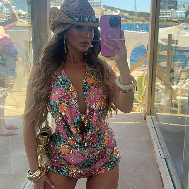 Fargerikt Paljettsett – Halterneck Toppløs Vest & Bodycon Miniskjørt