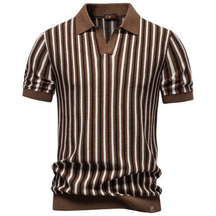 Strikket Polo for Herre med Striper – Kortermet V-hals Business Casual