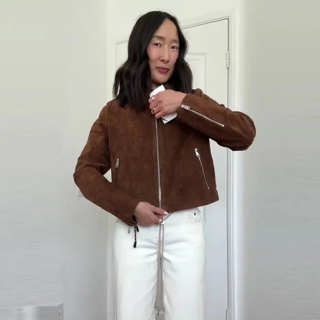 Vintage Semsket Kort Jakke til Dame – Streetwear med Glidelås & Krage