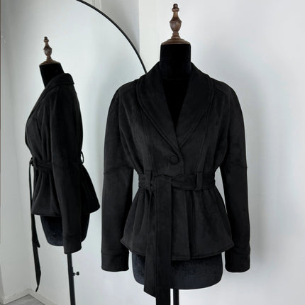 Retro Semsket Jakke for Dame – V-utringet Snørejakke i Semsket Look | Elegant Kontor- og Hverdagsjakke til Høst & Vinter 2025