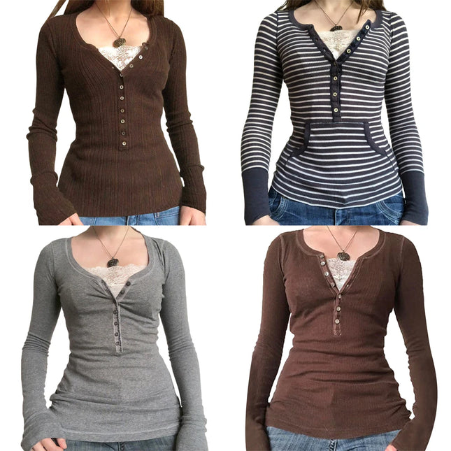 Vintage Blondetopp for Dame – Bomull, Patchwork & Knapper | Retro Y2K & Koreansk Inspirert Stil