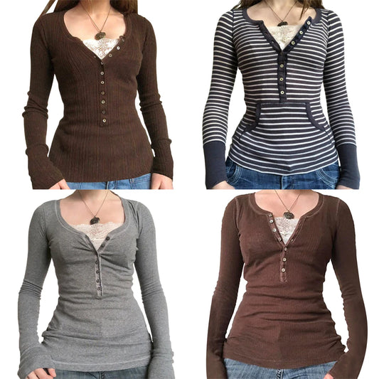 Vintage Blondetopp for Dame – Bomull, Patchwork & Knapper | Retro Y2K & Koreansk Inspirert Stil