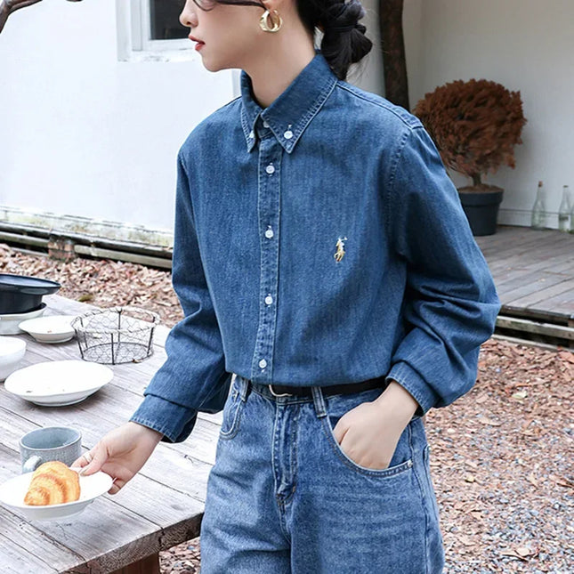Vintage-inspirert denimskjorte med krystallbroderi – amerikansk look, avslappet passform