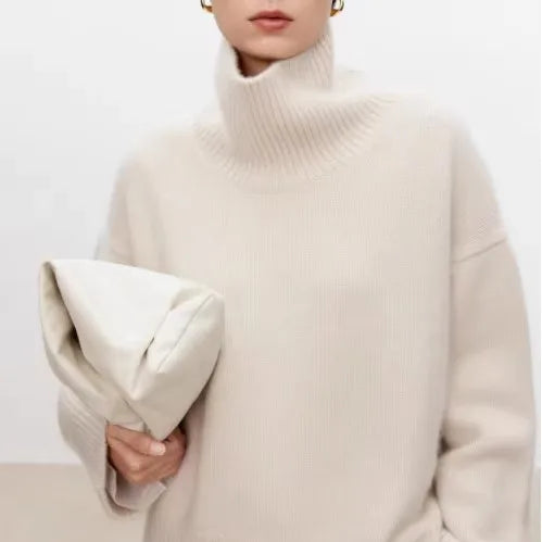 Tykk Høyhalset Kasjmirgenser for Kvinner – 100% Ren Kasjmir | Myk, Løs og Elegant Strikkegenser i Europeisk Stil