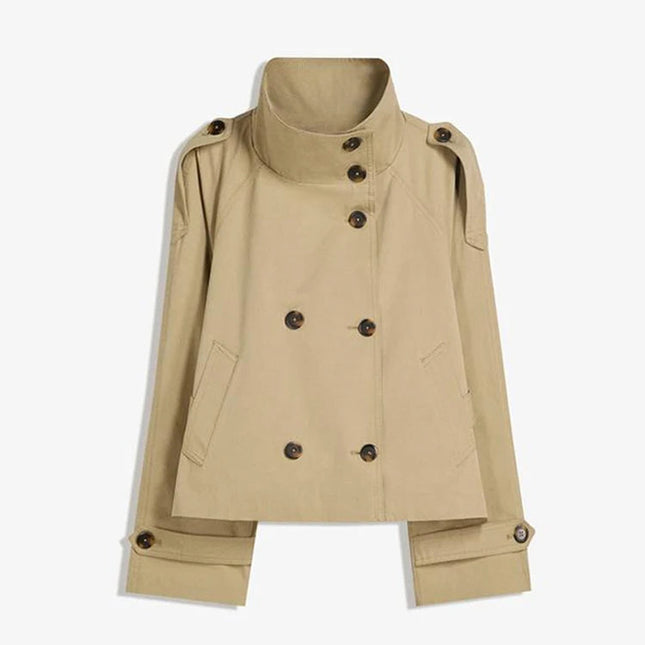 Kort Trenchcoat for Dame – Elegant Dobbelspent Jakke med Belte i Midjen og Ståkrage | Trendy Høstjakke 2025