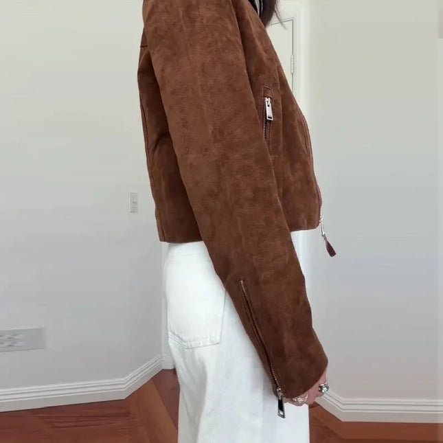 Vintage Semsket Kort Jakke til Dame – Streetwear med Glidelås & Krage