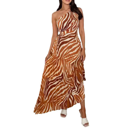 Sommerkjole med Én Skulder og Snøring – Sexy og Elegant Lang Kjole med Plissert og Ujevn Kant