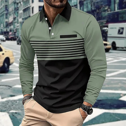 Langermet Polo for Menn – Business Casual Skjorte med Knapper og 3D Stripe Design | Komfortabel og Pustende Topp til Vår og Høst