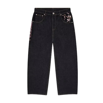 Y2K Harajuku Jeans – Vide Denim Bukser med Broderte Plomster | Unisex Goth & Streetwear Stil