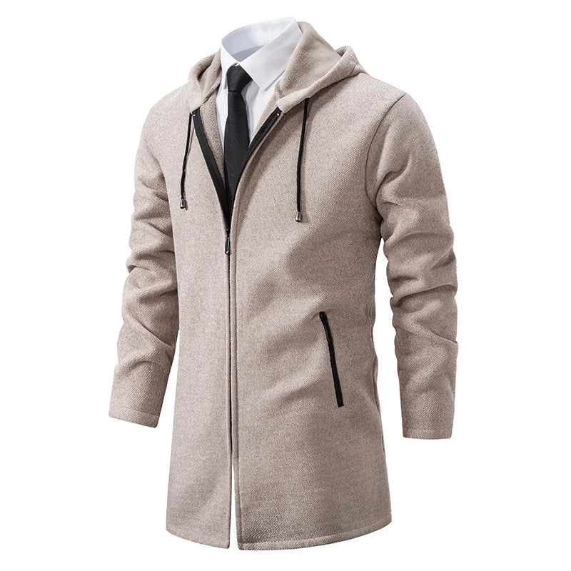 Herre Lang Cardigan med Hette – Varm Vinterjakke i Fleece & Strikk | Koreansk Designerstil