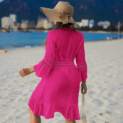 Sommerlig Heklet Boho Strandkimono – Åpen Blonde Cover-Up med Dusker