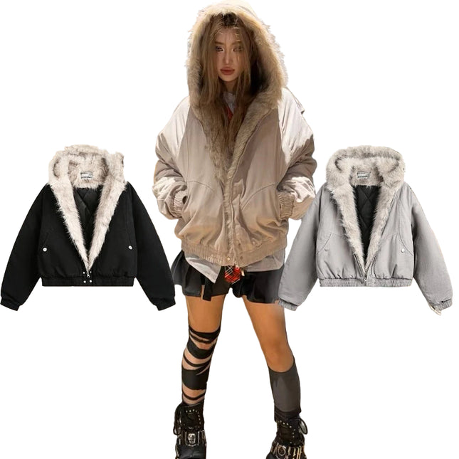 Y2K Unisex Skinnjakke med Fuskepelskrage – Retro Motorsykkeljakke | Varm, Løs & Streetwear-inspirert Stil