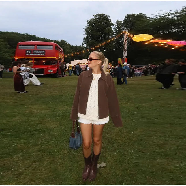 Dame Bomberjakke – Vintage Semsket Patchwork med Glidelås & Lommer