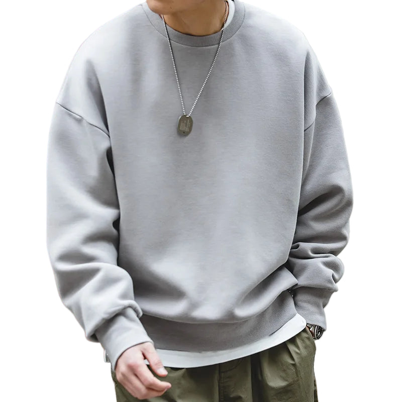 Retro Workwear Genser for Menn – Grå Off-Shoulder Sweatshirt i Space Cotton | Moderne Streetwear uten Hette