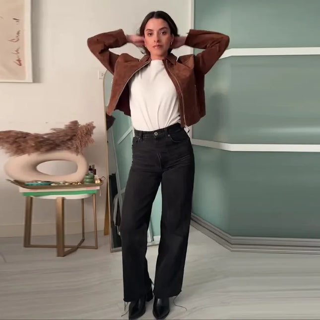 Vintage Semsket Kort Jakke til Dame – Streetwear med Glidelås & Krage