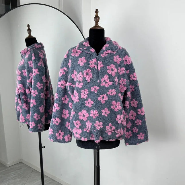 Blomstrete Fuskepels Hettejakke for Dame – Myk, Løs & Varm Teddyjakke | Perfekt til Høst og Vinter