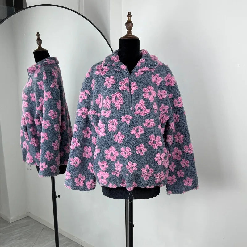 Blomstrete Fuskepels Hettejakke for Dame – Myk, Løs & Varm Teddyjakke | Perfekt til Høst og Vinter