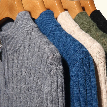 Herregenser i Ullblanding med Glidelås – 42 % Ull Halv-Zip Strikkegenser | Varm og Elegant Vintergenser med Høy Hals