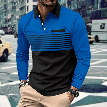 Langermet Polo for Menn – Business Casual Skjorte med Knapper og 3D Stripe Design | Komfortabel og Pustende Topp til Vår og Høst