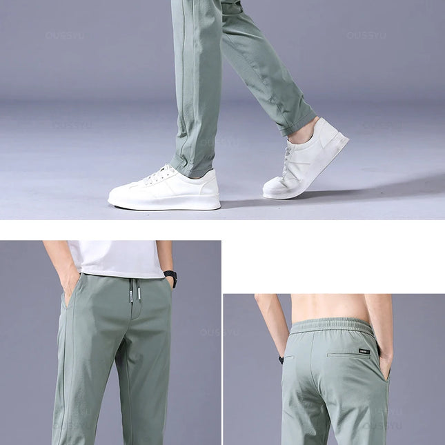 Tynne Herrebukser til Vår og Sommer – Grønn, Ensfarget med Applikasjonsdetaljer og Lommer