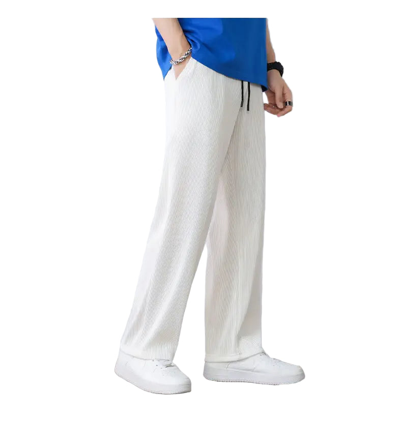 Hvite Ice Silk Sommerbukser for Herre – Lette, Vide Streetwear Bukser