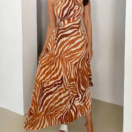 Sommerkjole med Én Skulder og Snøring – Sexy og Elegant Lang Kjole med Plissert og Ujevn Kant